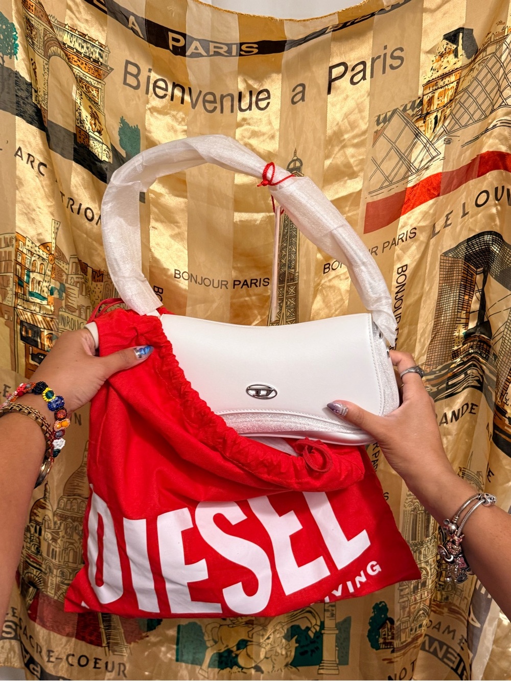 Diesel Red Drawstring Tote with White Shoulder Bag